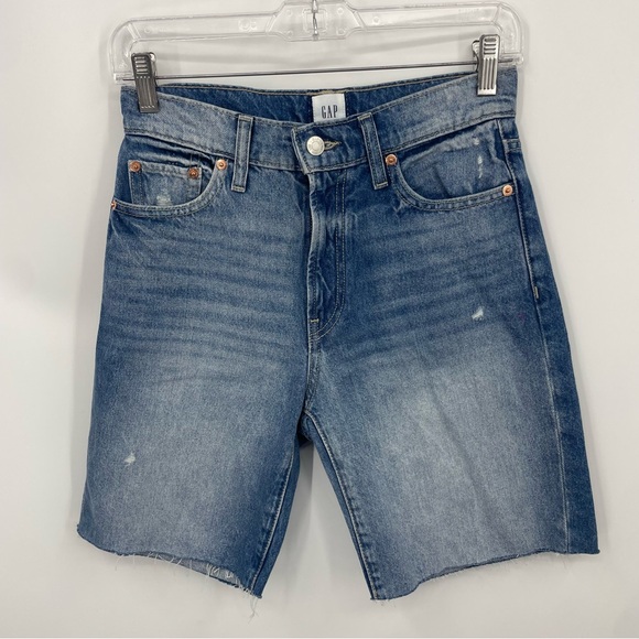 Gap High Rise Loose Bermuda Denim Shorts Frayed Hem Sz 00 24 distressed - Picture 1 of 9